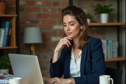 Femme cheffe d'entreprise consultant les tarifs d'un abonnement magazine business sur son ordinateur portable dans un bureau à domicile