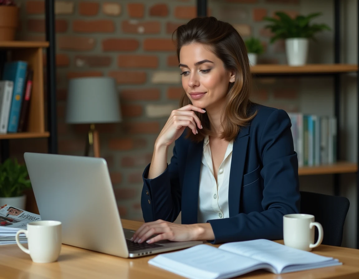 Femme cheffe d'entreprise consultant les tarifs d'un abonnement magazine business sur son ordinateur portable dans un bureau à domicile