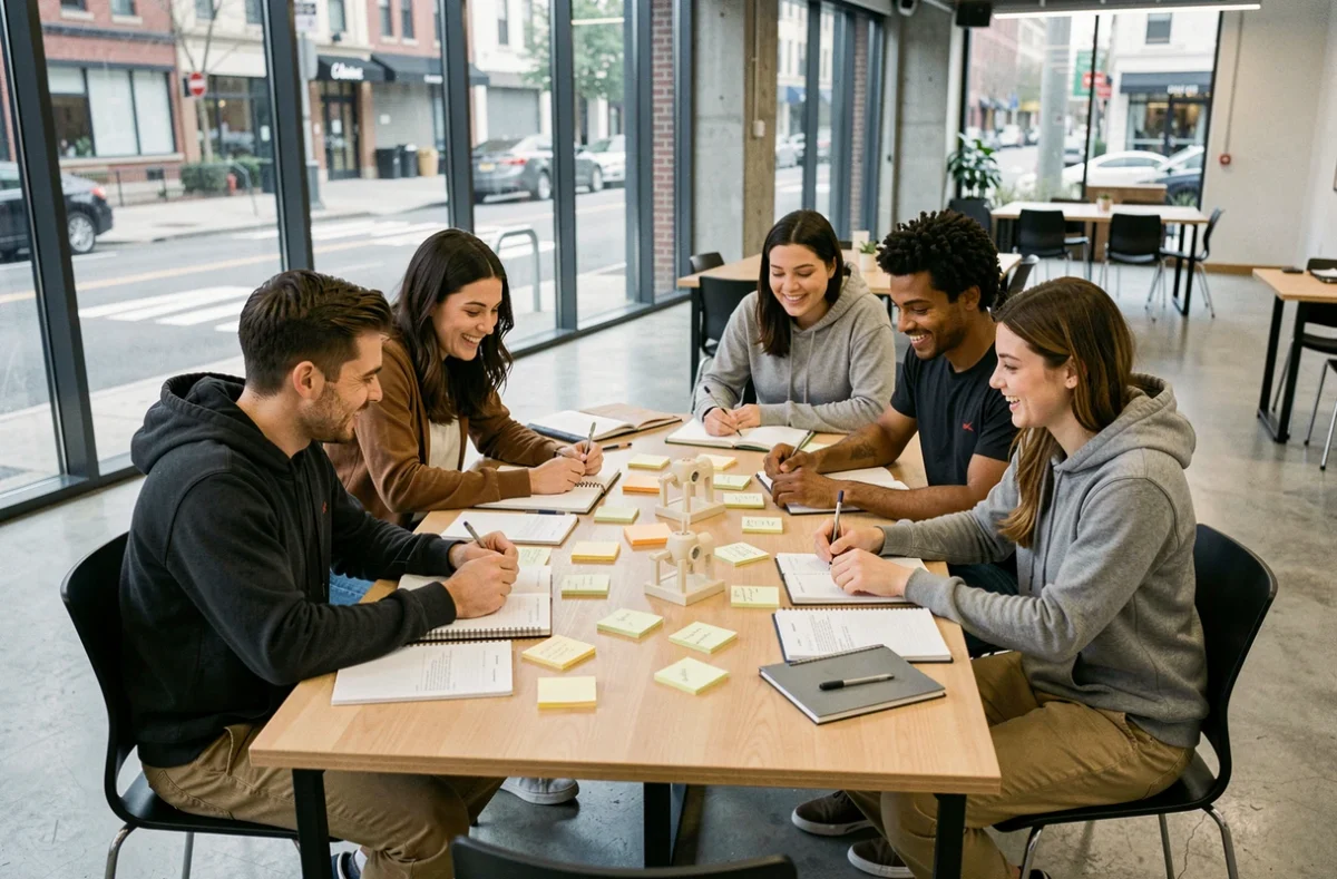 Groupe d'apprenants adultes travaillant en équipe sur un projet collaboratif dans un espace pédagogique moderne de l'Académie Tic et Tac
