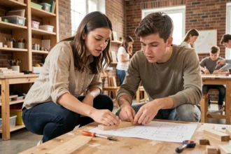 Éducatrice accompagnant un étudiant lors d'un atelier pratique dans une salle de classe de l'Académie Tic et Tac, pédagogie par l'action