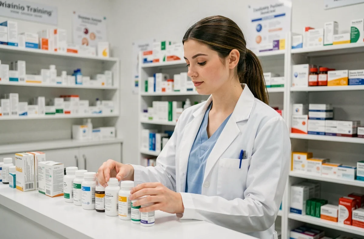 Apprentie en formation pharmacie au centre ACPPAV, étiquetant des médicaments dans une officine pédagogique