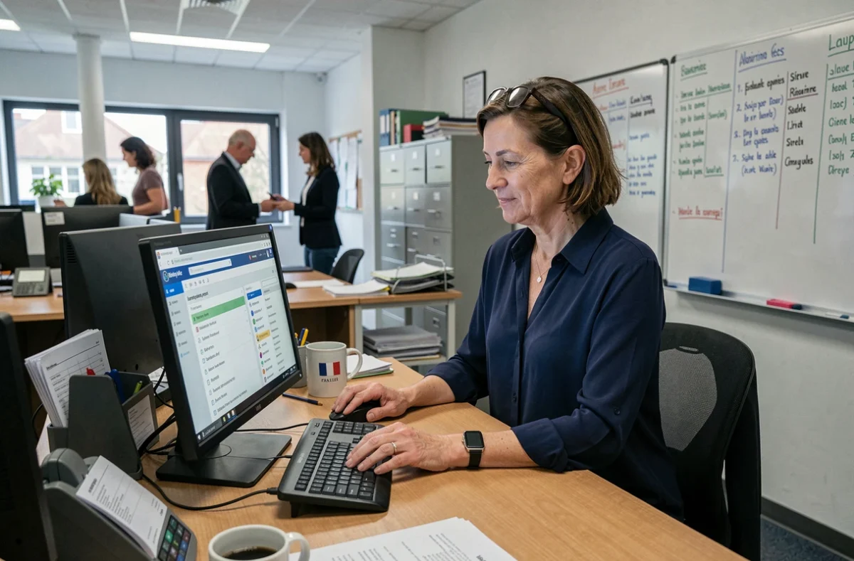Femme administratrice scolaire paramétrant l'ENT Île-de-France sur un ordinateur de bureau dans un bureau administratif scolaire