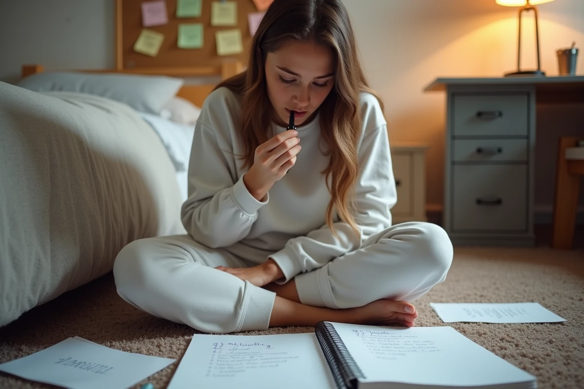 Adolescente révisant les 100 questions du permis de conduire avec des notes manuscrites sur le sol de sa chambre