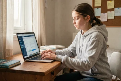 Adolescente configurant les paramètres de notifications de son ENT Île-de-France sur un ordinateur portable dans sa chambre