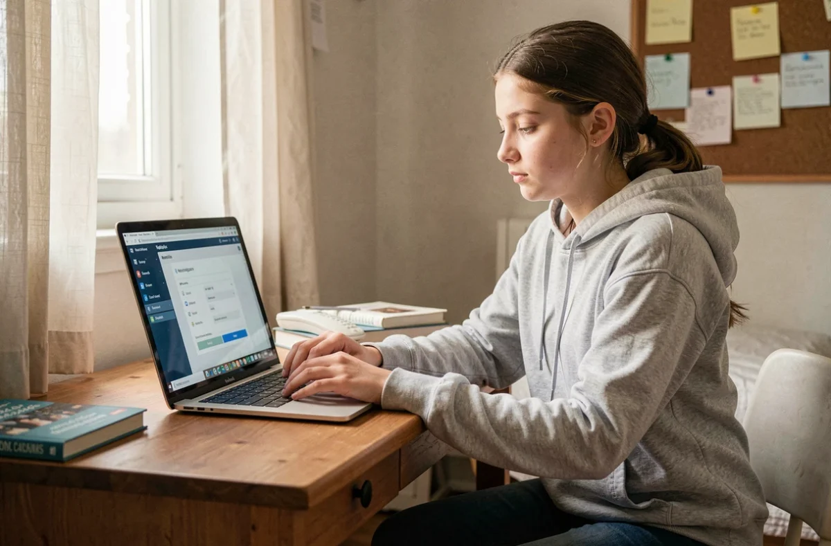 Adolescente configurant les paramètres de notifications de son ENT Île-de-France sur un ordinateur portable dans sa chambre