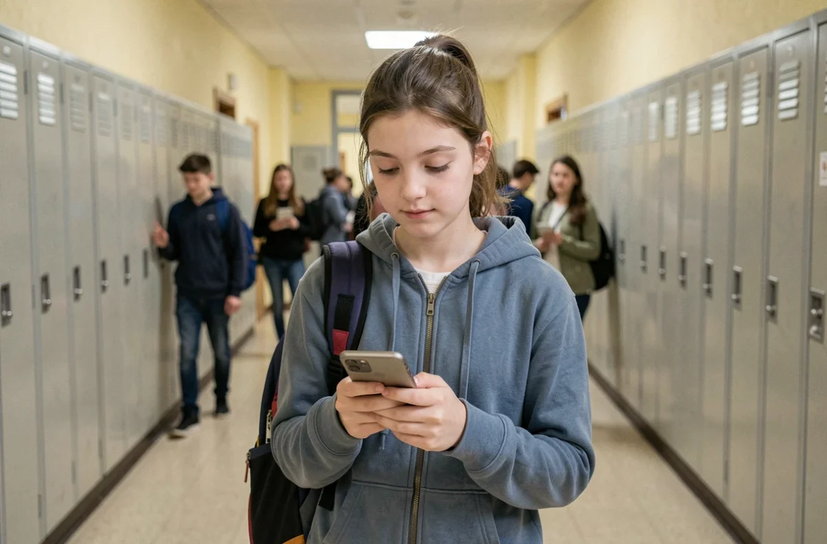 Adolescente consultant l'ENT de son école sur smartphone dans un couloir de collège