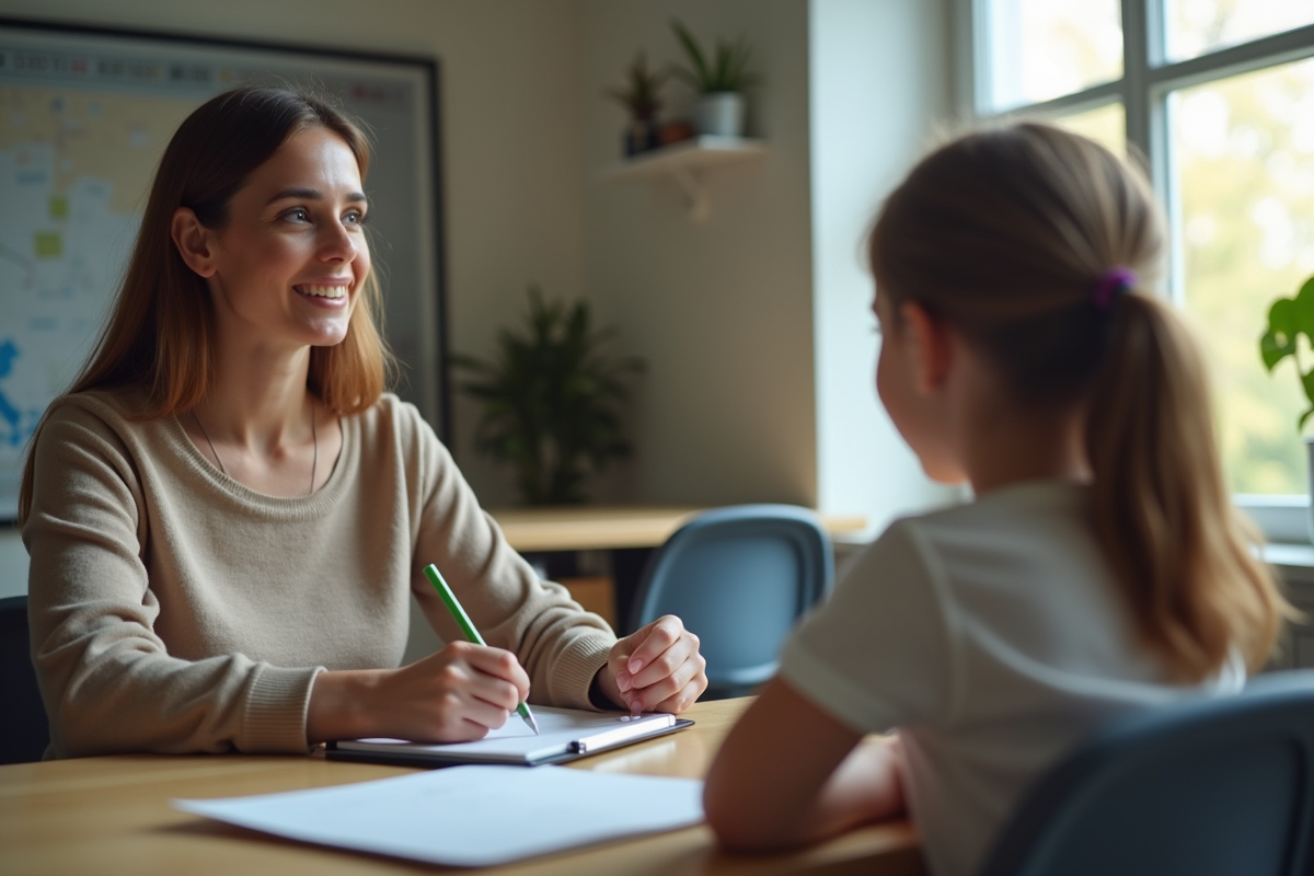 Adulte prenant des notes en observant un enfant en activité