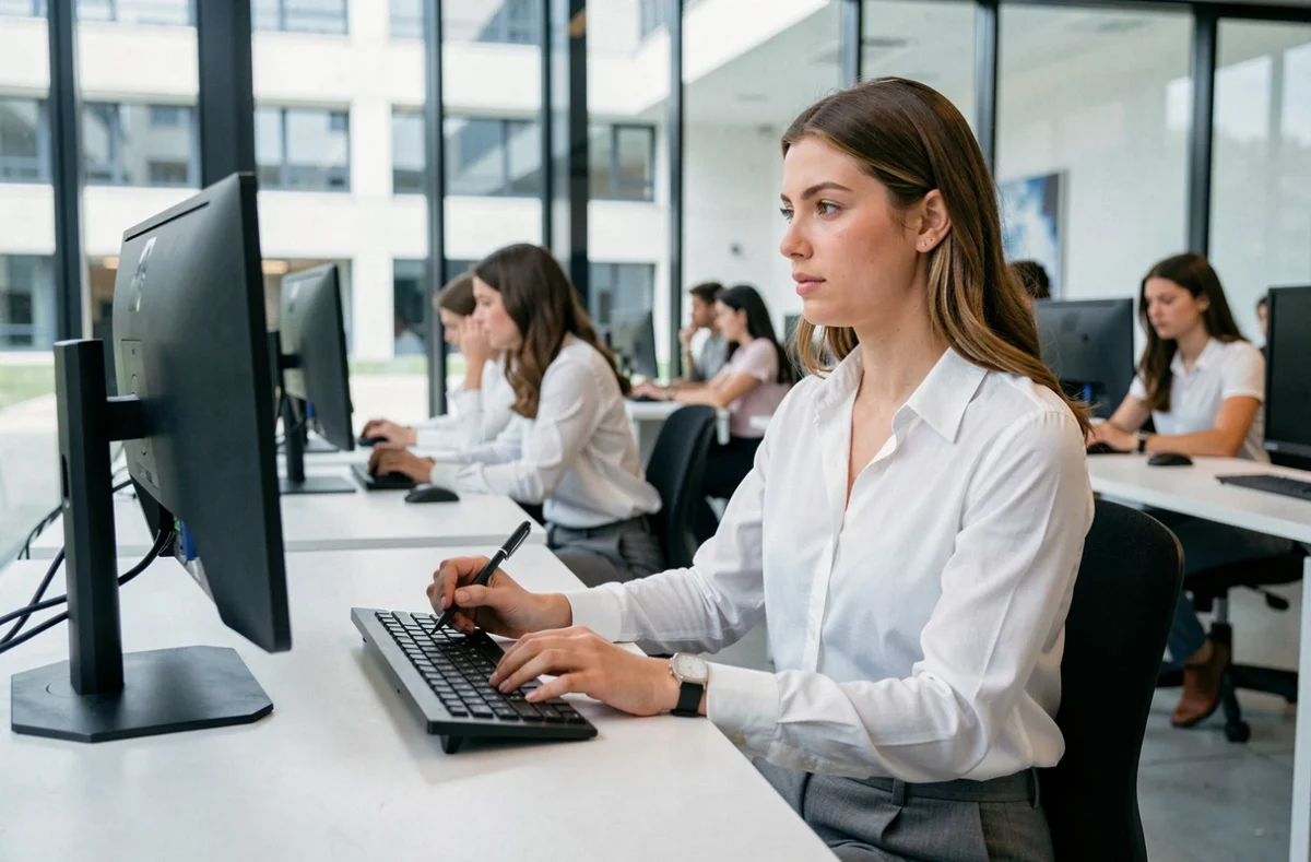 Étudiante en formation au CFA AFORPA Campus de Guyancourt, travaillant sur ordinateur dans un espace pédagogique moderne