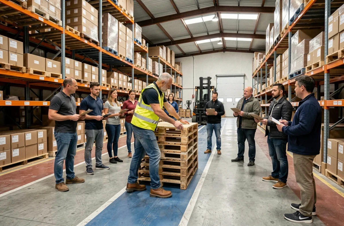 Formateur démontrant la manutention logistique à des apprenants adultes chez AFTRAL 35