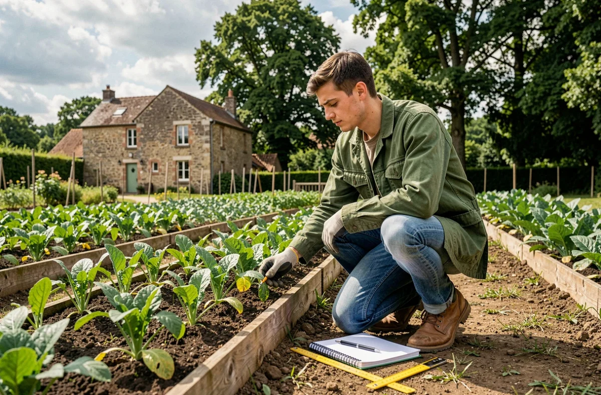 Apprenti en formation agricole à l'AgroCampus de Saint-Germain-en-Laye, travaillant dans les jardins pédagogiques