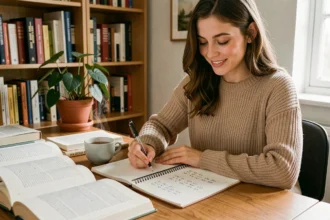 Jeune femme écrivant des conjugaisons de verbes du 2ème groupe dans un carnet, entourée de livres de grammaire française dans un bureau cosy