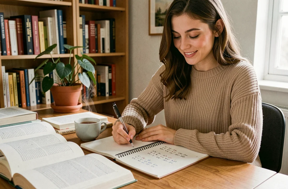 Jeune femme écrivant des conjugaisons de verbes du 2ème groupe dans un carnet, entourée de livres de grammaire française dans un bureau cosy