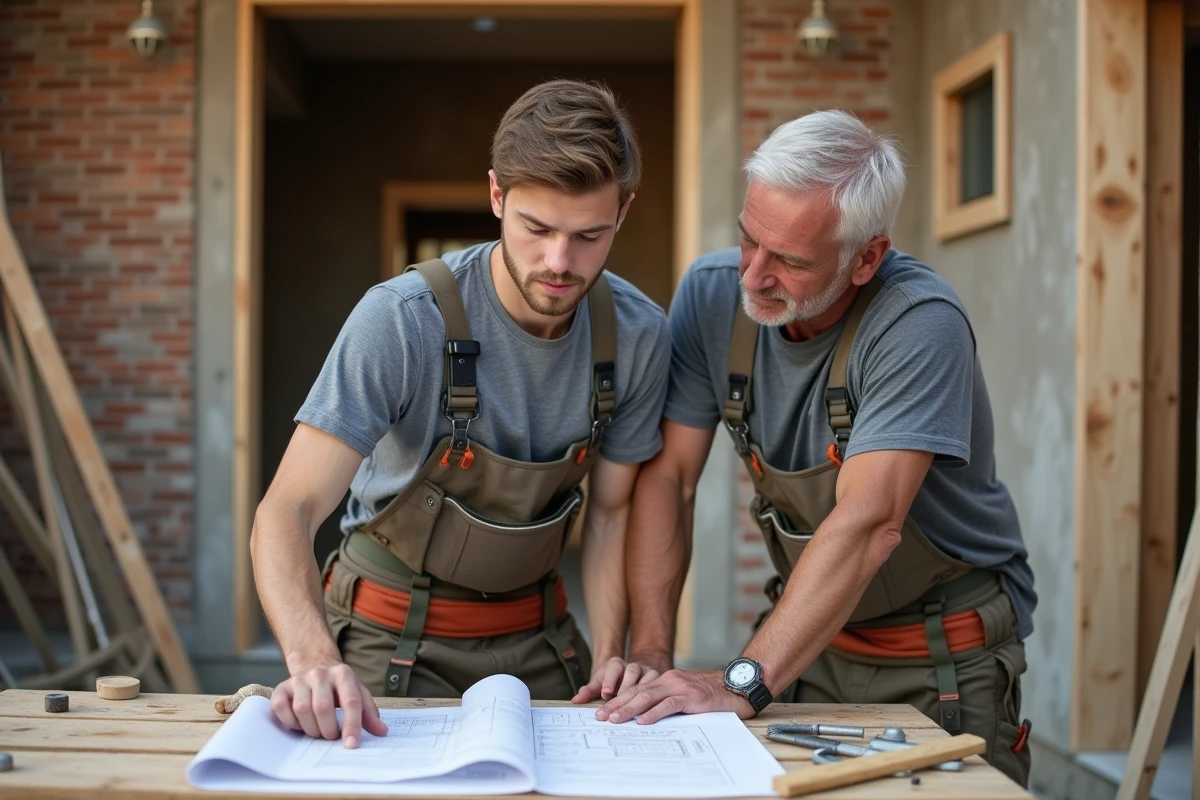 Jeune homme apprenant un métier manuel sur un chantier avec un mentor expérimenté, symbolisant la montée en compétences pour augmenter son salaire