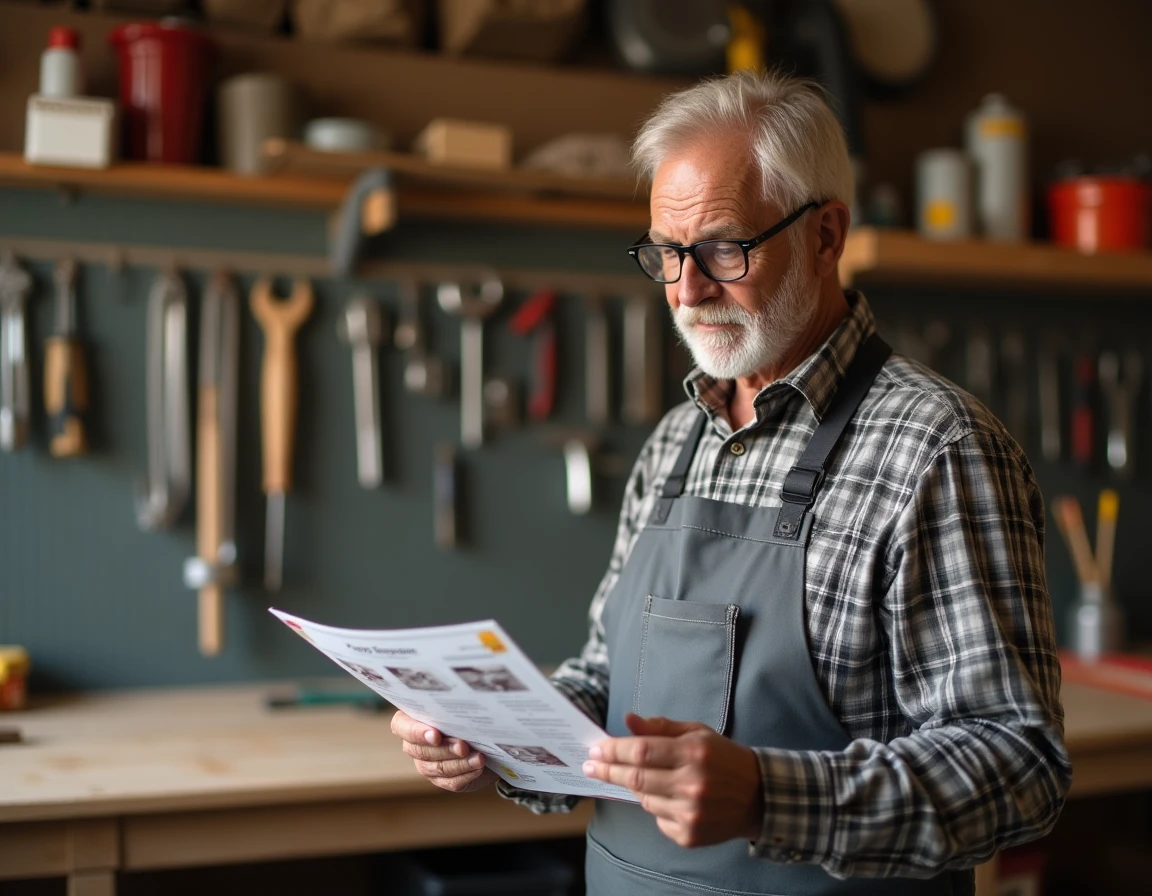 Artisan en atelier consultant une brochure de formation bricolage avec avis sur les tarifs