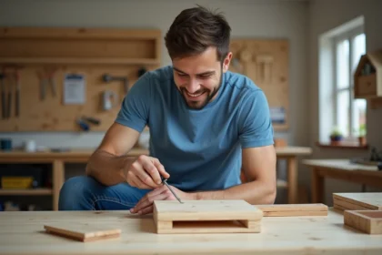 Jeune homme assemble un meuble en bois dans un atelier lumineux