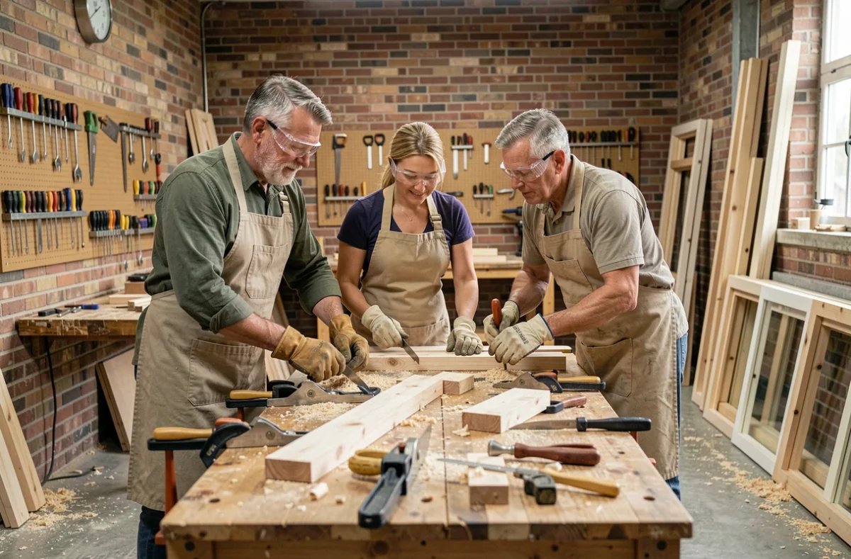 Groupe d'adultes participant à un atelier de bricolage collectif en présentiel dans un espace artisanal communautaire