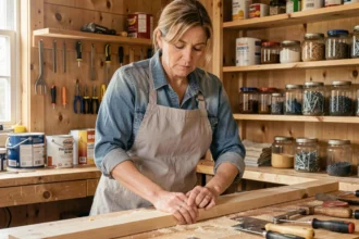 Femme adulte en tablier mesurant une planche en bois dans un atelier de bricolage local bien équipé