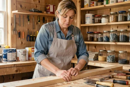 Femme adulte en tablier mesurant une planche en bois dans un atelier de bricolage local bien équipé