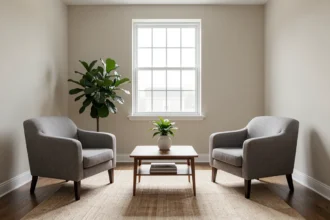 Cabinet de consultation calme avec deux fauteuils et une plante