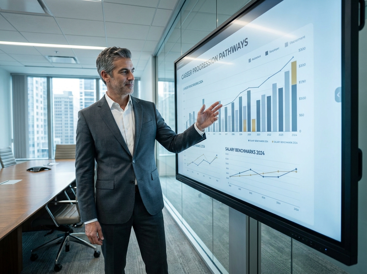 Cadre professionnel présentant des perspectives de carrière et des benchmarks salariaux sur un écran interactif