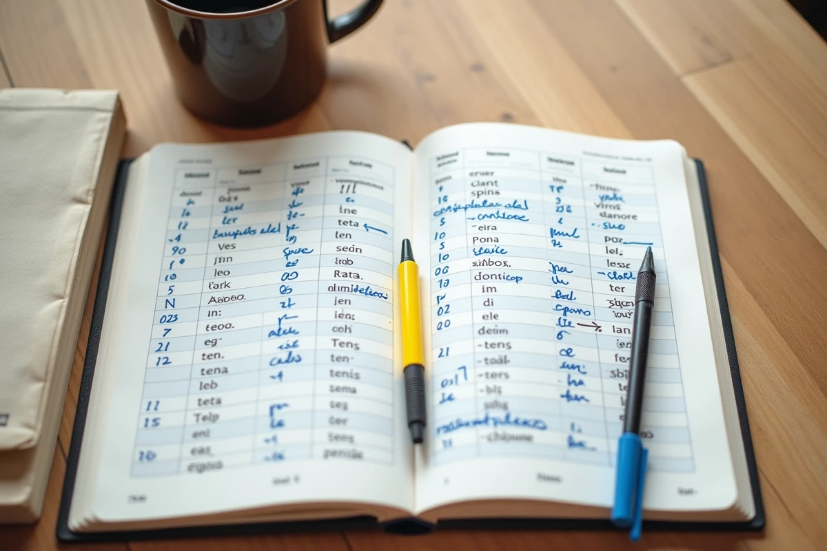 Vue de dessus d'un cahier de conjugaison espagnole ouvert sur les formes du passé simple avec annotations manuscrites