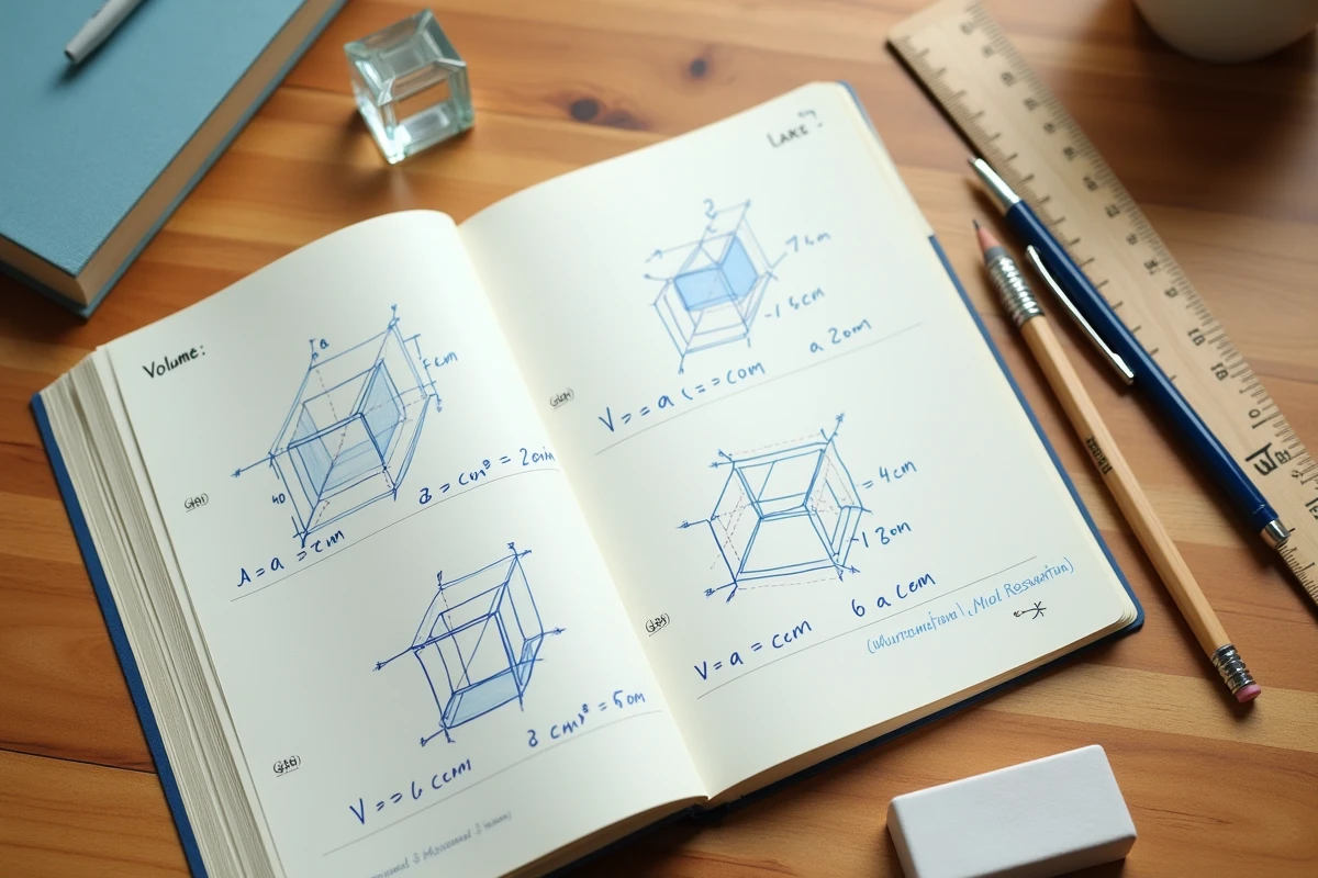 Cahier de mathématiques avec exercices manuscrits sur le volume du cube pour préparer le Brevet, entouré d'outils scolaires