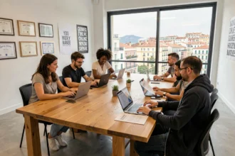 Groupe d'adultes en formation professionnelle autour d'une table dans un centre de formation à Marseille