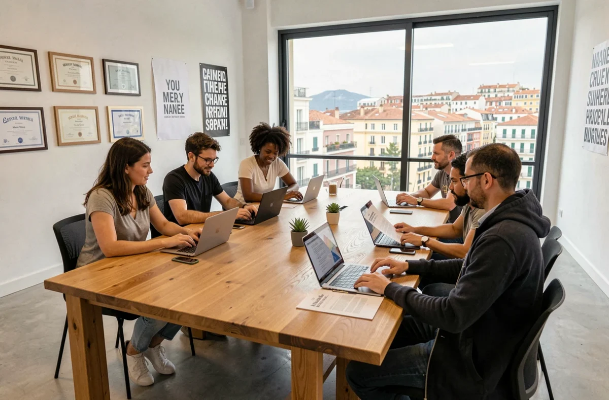 Groupe d'adultes en formation professionnelle autour d'une table dans un centre de formation à Marseille