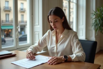Jeune professionnelle examinant un certificat LVMH dans un bureau parisien élégant