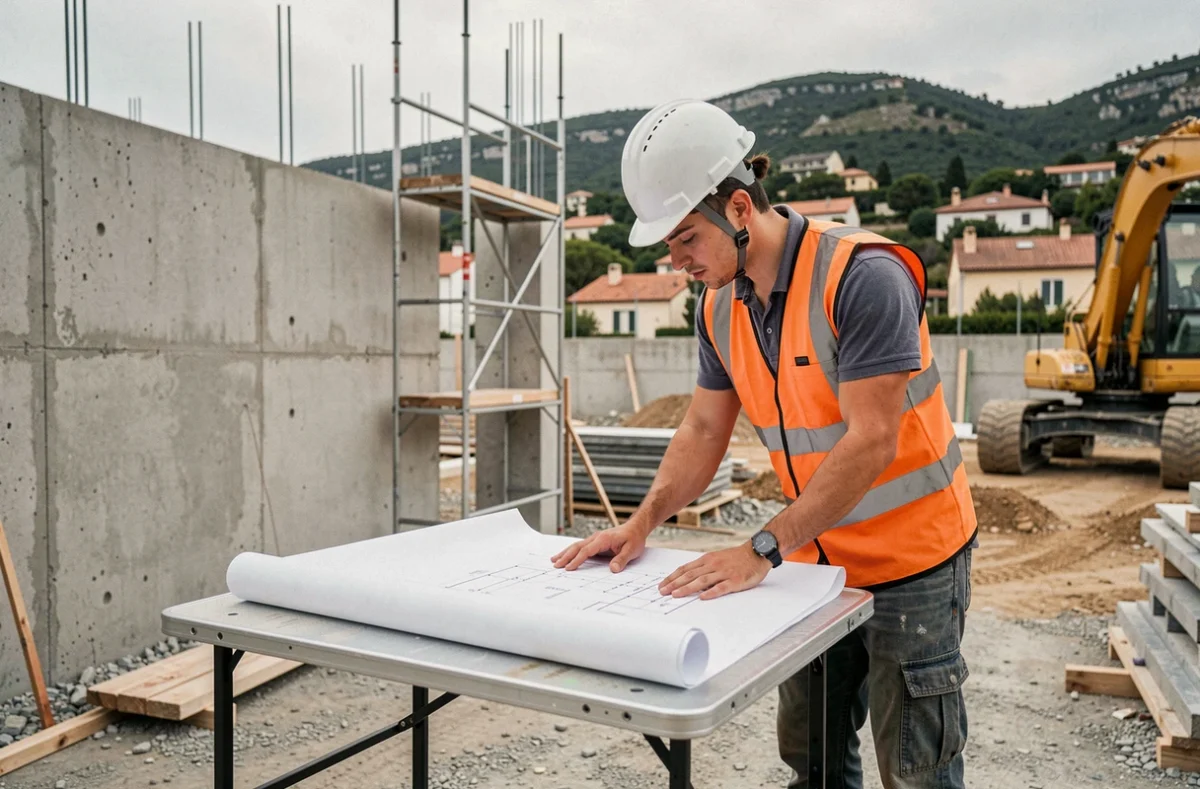 Apprenti du CFA du Bâtiment des Alpes-Maritimes étudiant des plans sur un chantier de construction en alternance