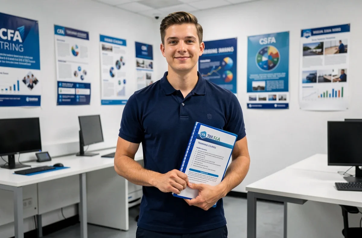 Étudiant en alternance au CFA Trajectoire dans les Yvelines, tenant un classeur dans une salle de formation moderne