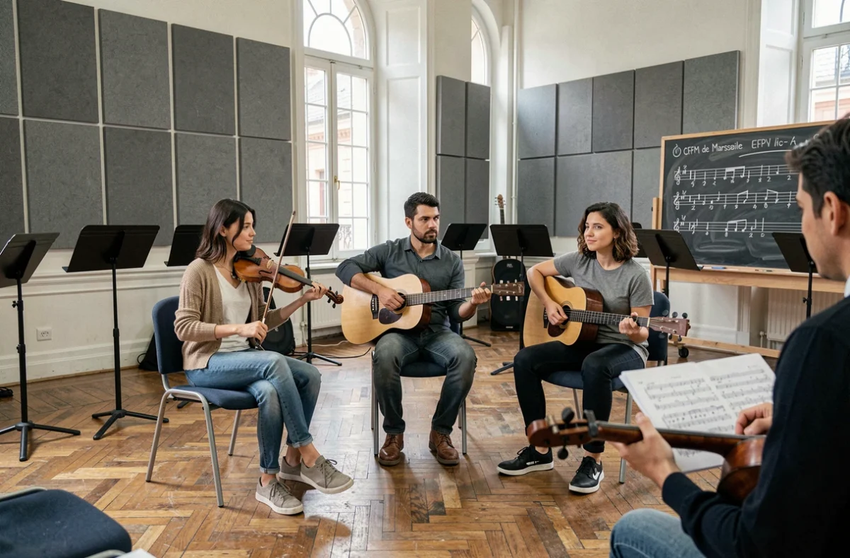 Étudiants en formation musicale avec instruments dans une salle du CFPM de Marseille
