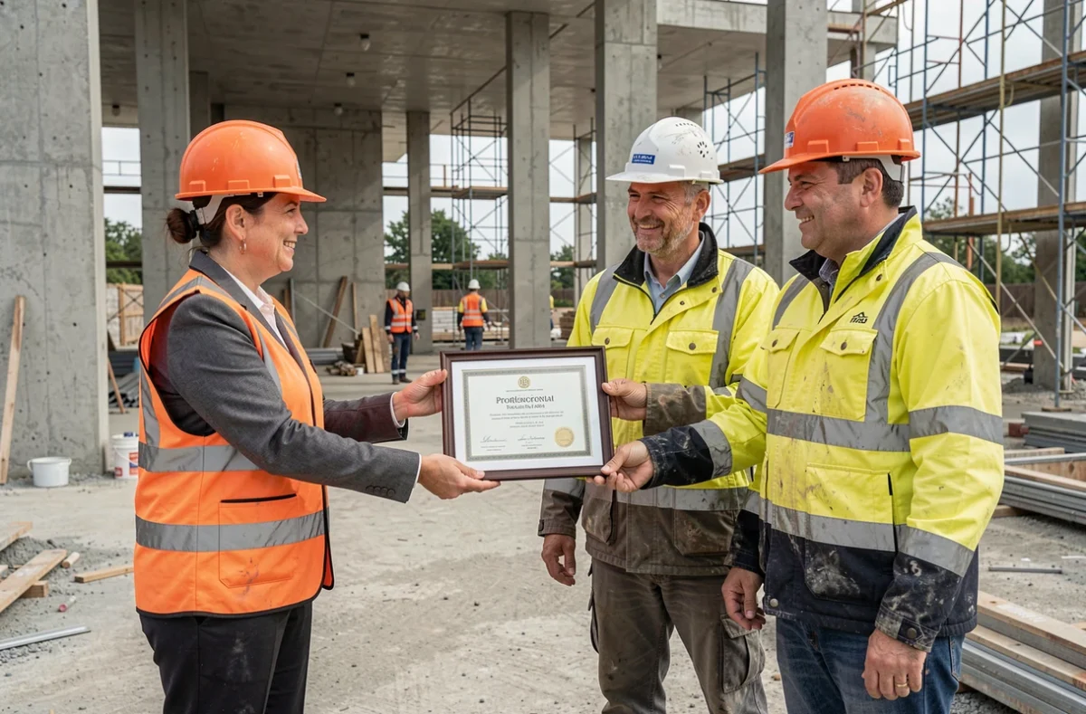Cheffe de projet BTP présentant sa certification professionnelle reconnue à ses collègues sur un chantier de construction