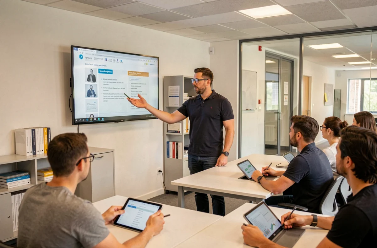 Formateur animant un cours dans une salle de classe moderne du CLPS Rennes