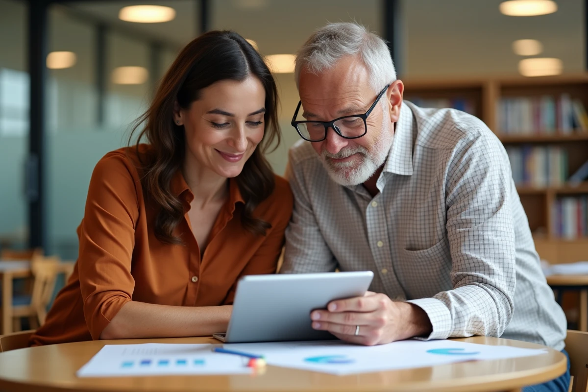 Deux enseignants collaborant autour d'une tablette affichant une plateforme d'éducation numérique dans un espace de travail scolaire