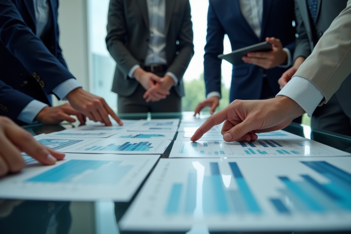 Professionnels collaborant autour de table avec feuilles et tablette