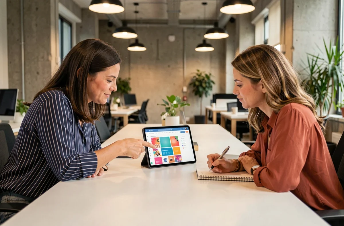 Deux femmes collaborant sur une stratégie de contenu avec Canva dans un espace de coworking moderne
