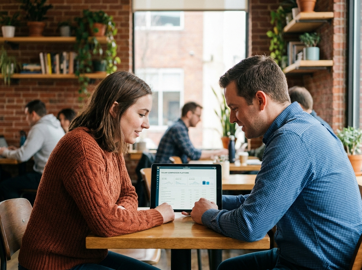 Deux collègues comparant des salaires et des opportunités de carrière sur une tablette dans un espace de coworking