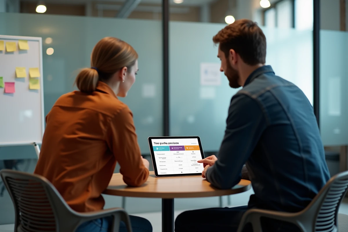 Deux collègues en réunion consultant un guide comparatif des formules et prix d'un magazine de formation business sur une tablette