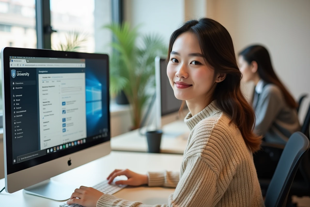 Étudiante configurant l'ENT et la messagerie universitaire sur un ordinateur de bureau dans un espace de travail étudiant
