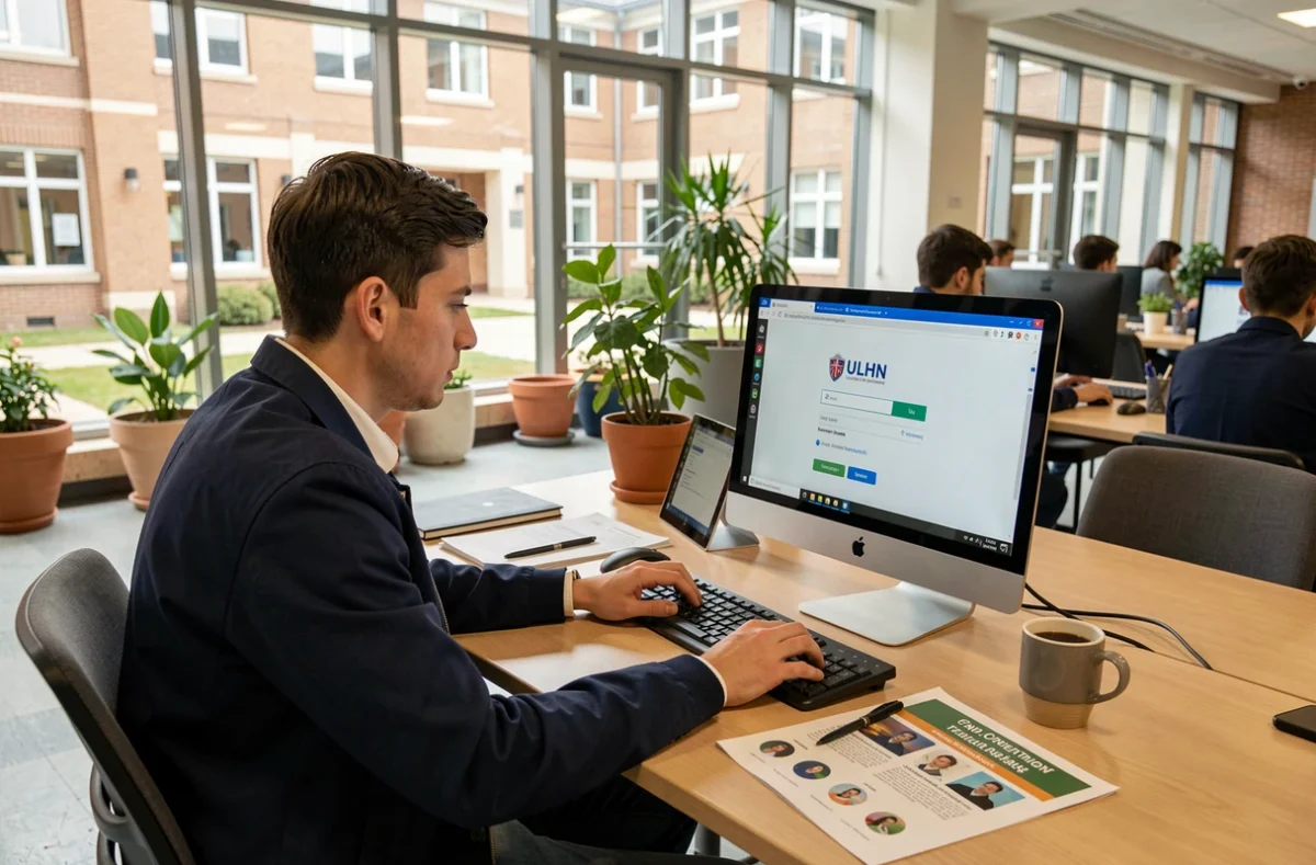 Étudiant masculin réalisant les premières étapes de connexion à l'ENT ULHN sur un ordinateur de bureau dans un espace de travail universitaire moderne