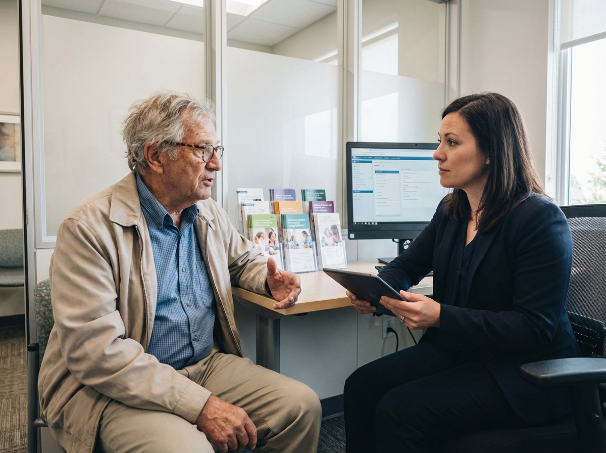 Homme âgé en discussion avec une professionnelle de santé dans un bureau