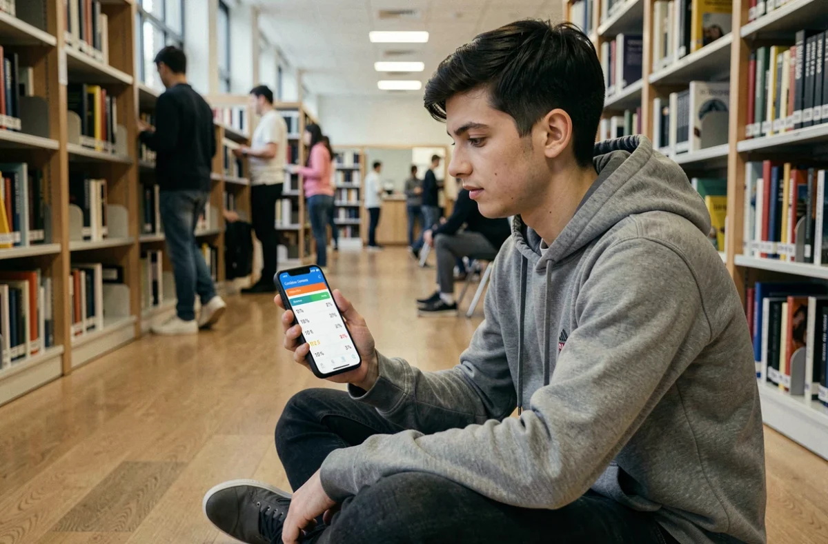 Étudiant en bibliothèque consultant un convertisseur de notes sur smartphone