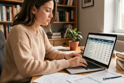 Étudiante utilisant un convertisseur de notes sur 20 sur son ordinateur portable avec des feuilles de calcul