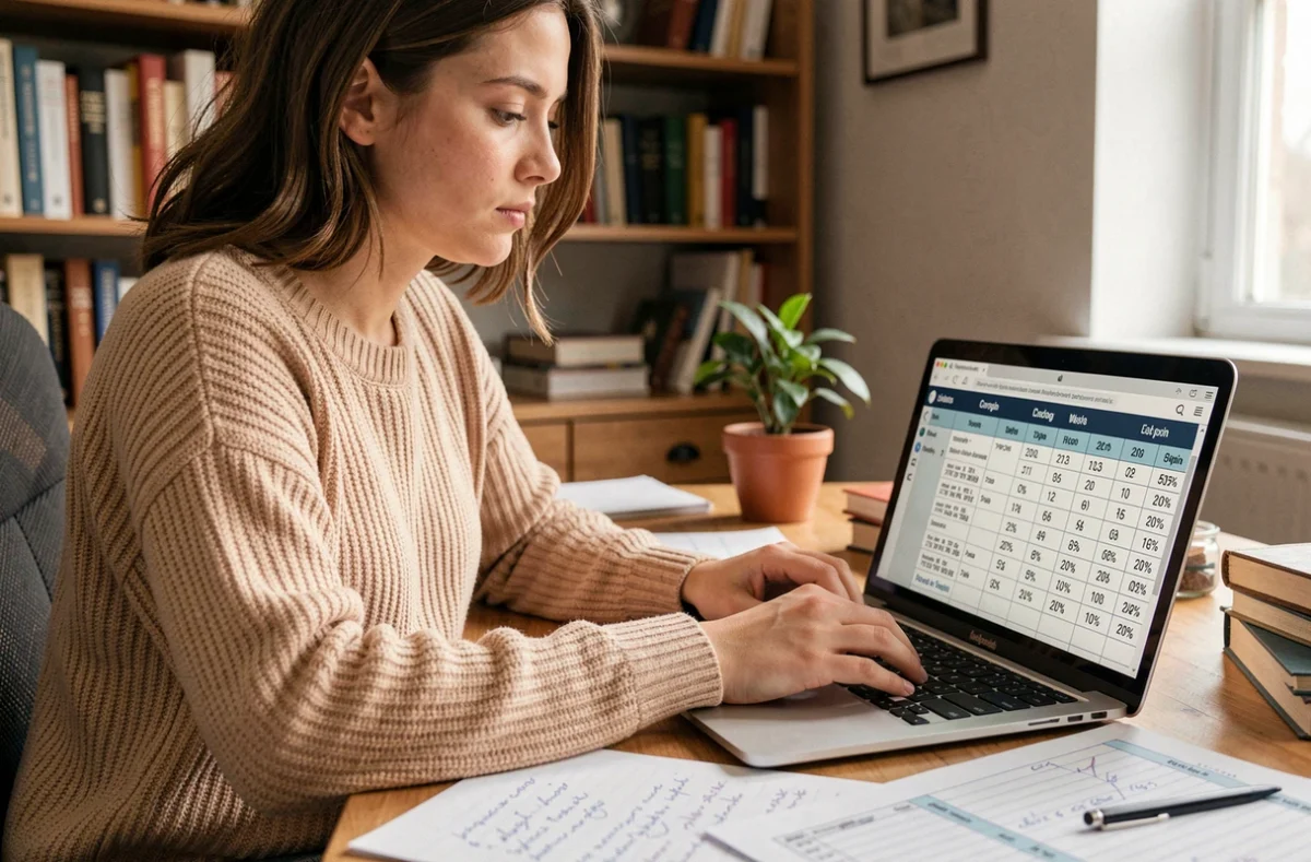 Étudiante utilisant un convertisseur de notes sur 20 sur son ordinateur portable avec des feuilles de calcul