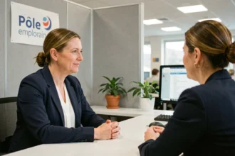 Femme en entretien avec un conseiller Pôle emploi dans une agence moderne lors d'une convocation Solerys