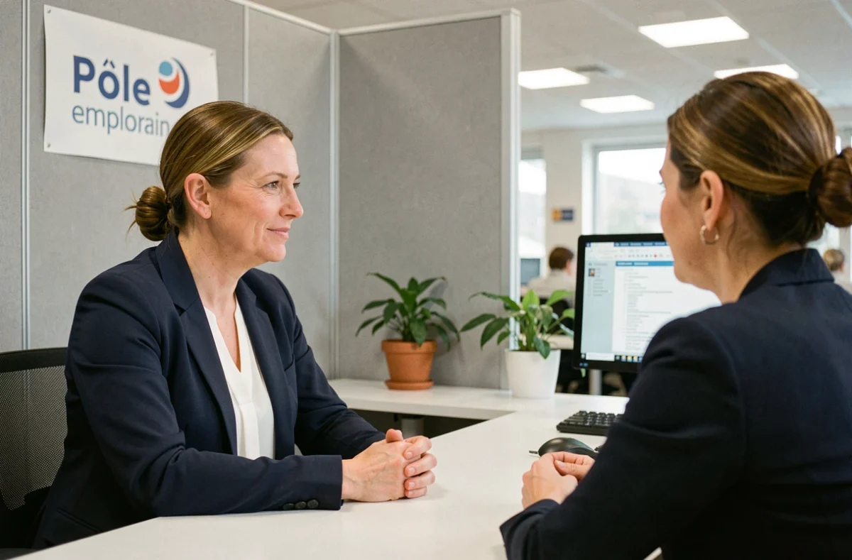 Femme en entretien avec un conseiller Pôle emploi dans une agence moderne lors d'une convocation Solerys