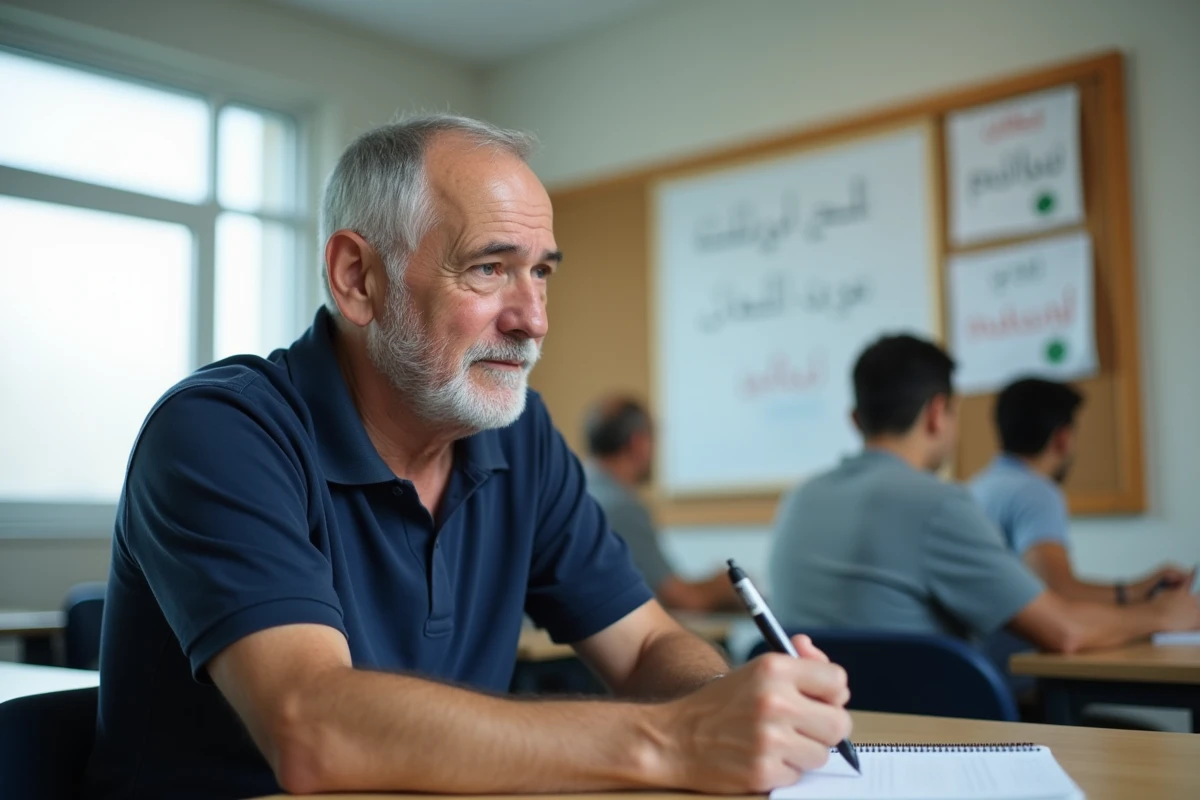 Homme de 50 ans en cours d'arabe pour adultes dans une salle de classe moderne avec tableau blanc et autres apprenants