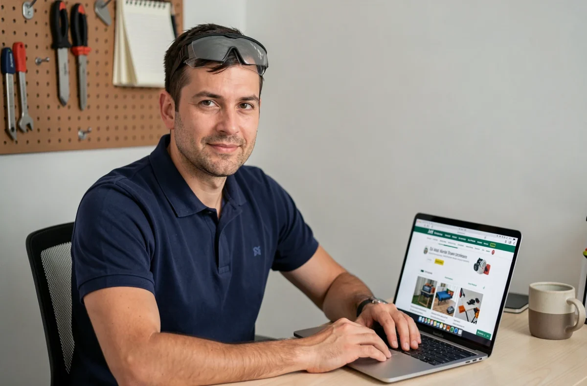 Homme consultant un cours de bricolage en ligne sur ordinateur portable depuis son bureau à domicile