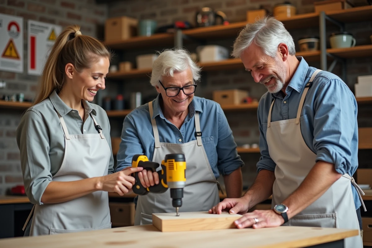 Groupe de grands débutants adultes suivant un cours pratique de bricolage dans un atelier pédagogique moderne